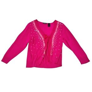 Vtg MODA INTERNATIONAL Pink Sequin Embellished Silk Cashmere Cardigan Sweater XL